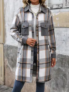 Women's Plaid Print Button Front Drop Shoulder Coat, Casual Jacket, Casual Pocket Long Sleeve Collared Outerwear for Spring & Fall, Ladies Clothes for Daily Wear, Casual Style Outerwear