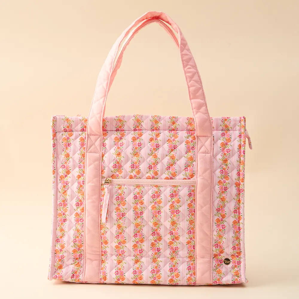 Women's Quilted Tote Bag, Petal Parade Pink Aesthetic Tote, Fashionable Quilted Casual Commuter Quilted Bag for Daily Use, Quilted Bags, Casual Commuter Bag