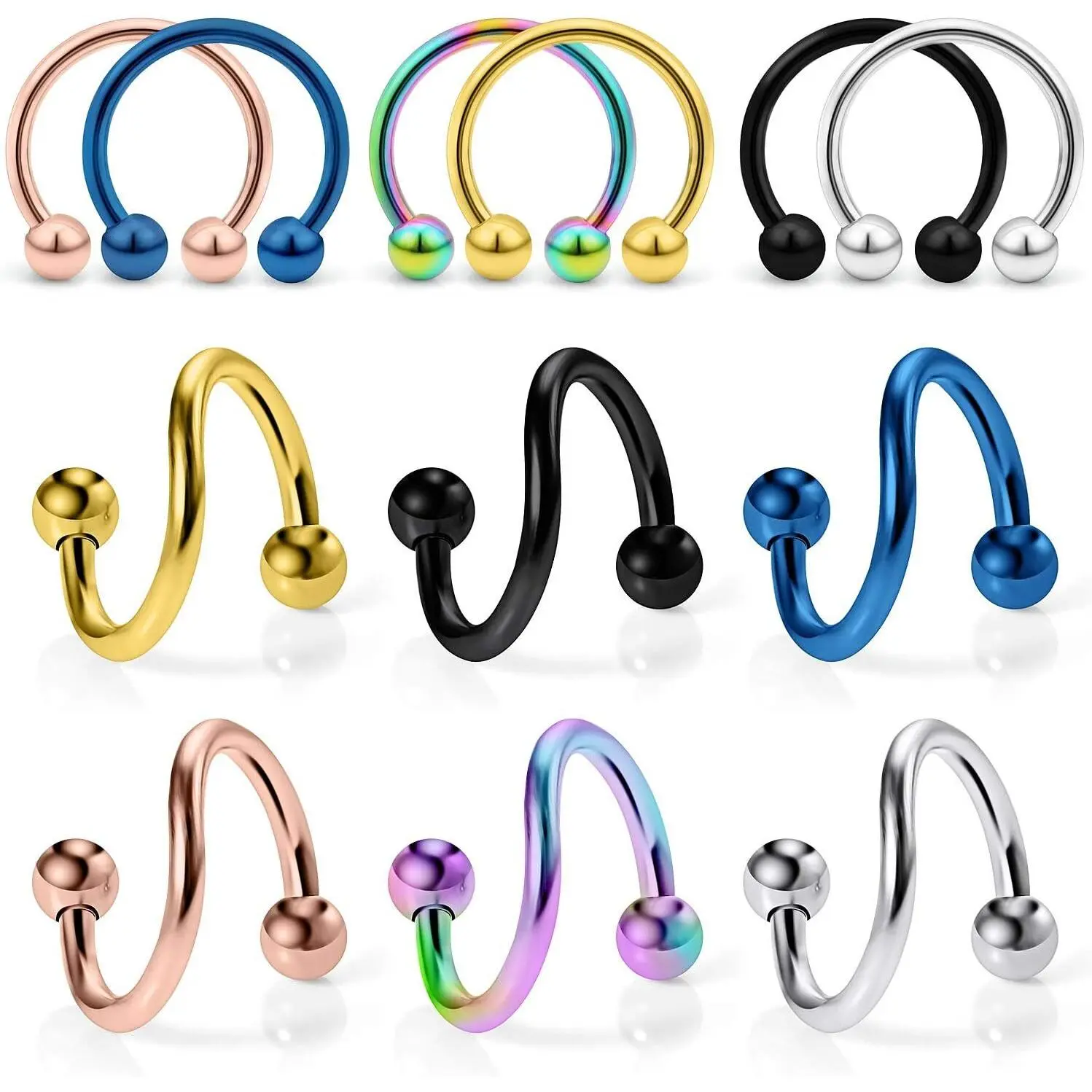 16G Spiral Lip Rings, 316L Surgical Steel, Cartilage, Helix, Tragus, Lip, Eyebrow, Labret, Septum, Smiley Rings, 8mm-10mm Piercing Jewelry