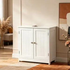 Modern White Bathroom Vanity Sink Cabinet with U-Shaped Cut-Out & Adjustable Shelf for Smart Storage