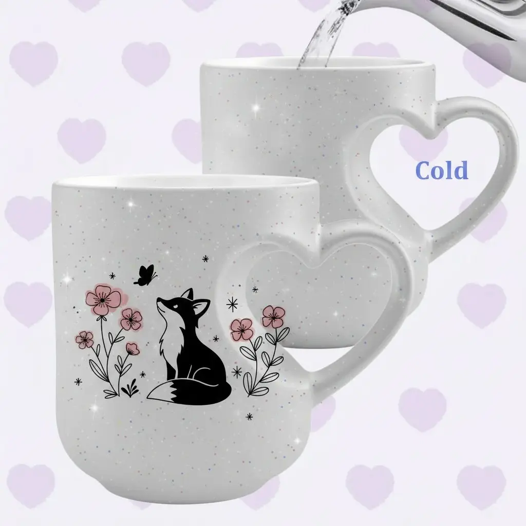 Black Fox & Butterfly Cold to Hot Color-Changing Ceramic Mug, Thermosensitive Magic Reveal Drinkware, Starry Sparkle Heart-Shaped Handle Cup, 11oz/325ml Weighted Stylish Coffee Mug, Cute Animal Themed Christmas Birthday Gift for Friends & Family, Per