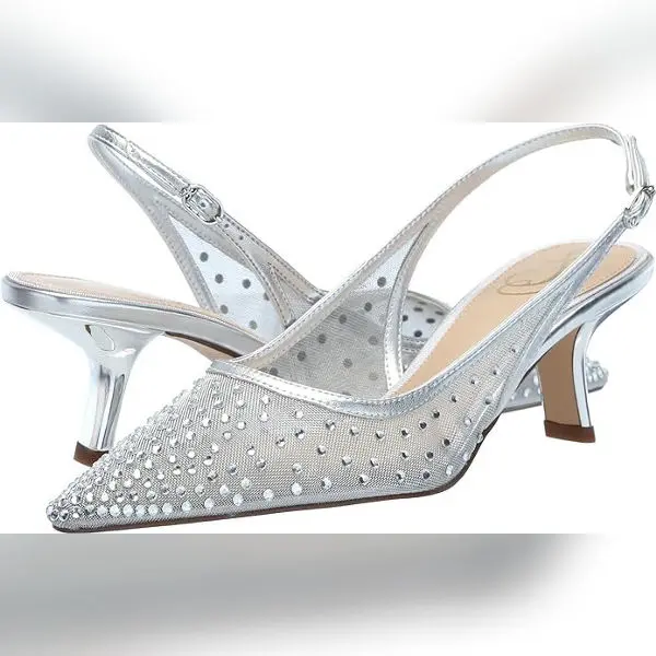 Sam Edelman Women's Bianka Sling Pump Size 6.5 Silver Mesh Heeled Shoes with Rhinestone Accents