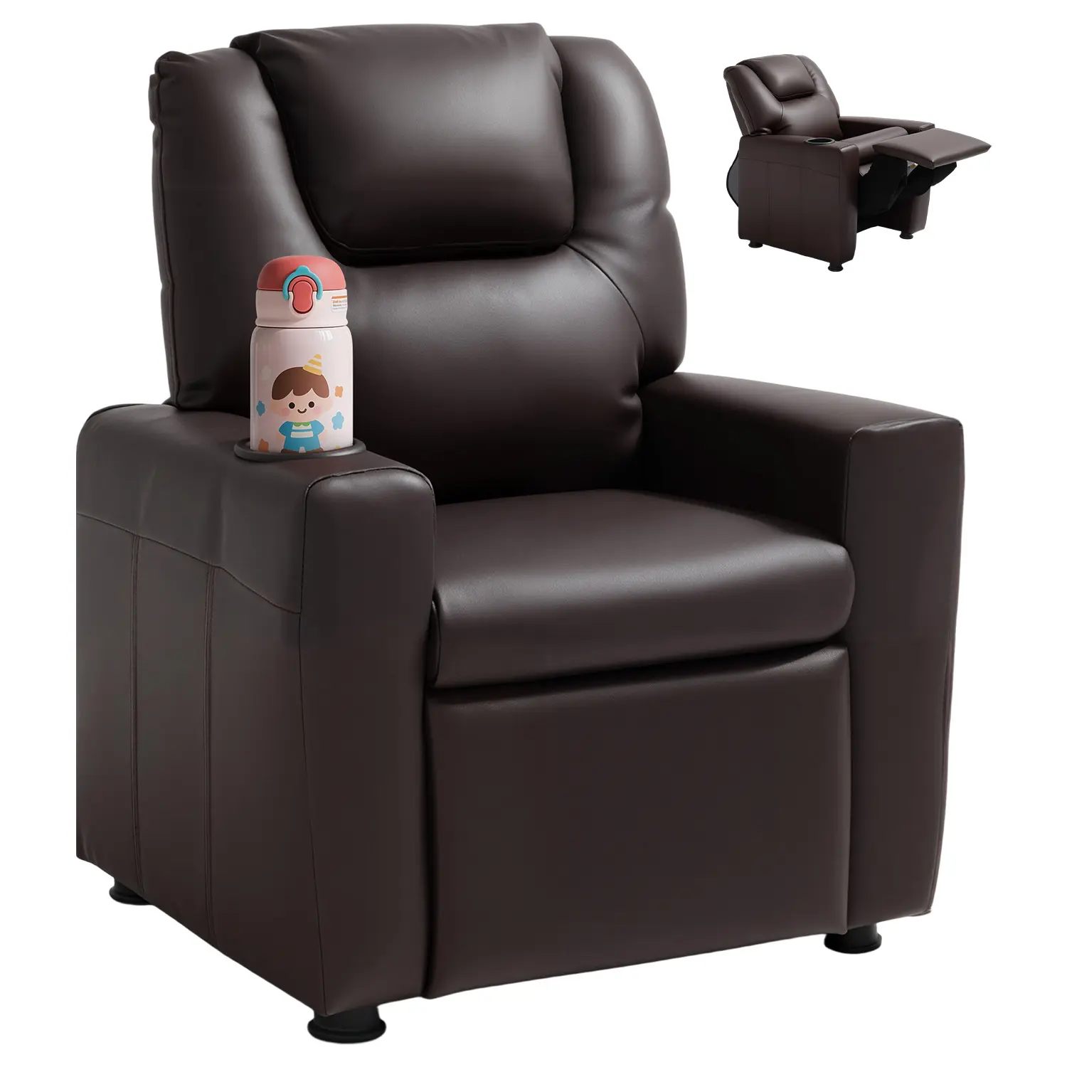 【SummerFinds】VEVOR Kids Ergonomic Recliner Chair - Brown PU Leather, Age-Specialized, 101°-121° Adjustable Backrest, Sturdy Frame, Armrest, Cup Holder, Footrest, 90 lbs Load Capacity, Durable, Easy-To-Clean, Ideal for Playrooms, Kindergartens