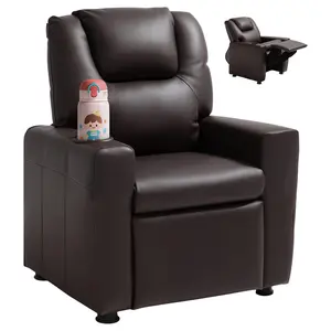 VEVOR Kids Reclining Chair, Toddler Recliner with Cup Holder, 101° to 121° Adjustable Backrest, Easy-to-Clean PU Leather Recliner Couch with Footrest, 90 lbs Load, for Boys & Girls, Children (Brown)