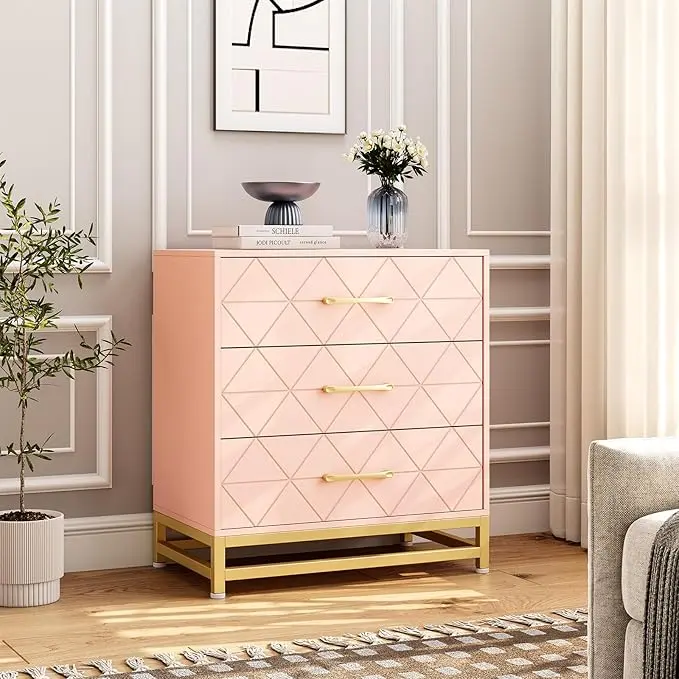3 Drawer Dresser Wooden Bedside Storage Bedroom Triple Dresser Bedside Dresser for Storage Modern Dresser with Gold Handles