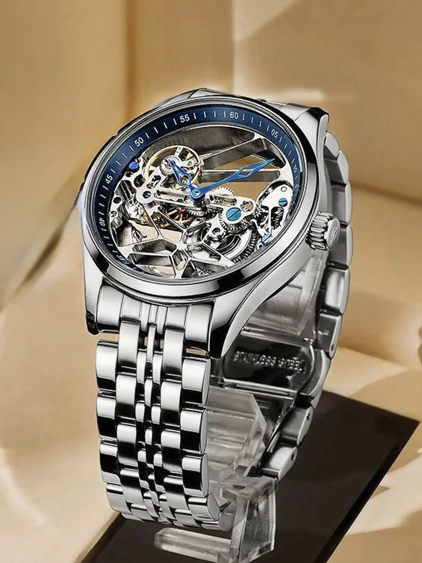 A new men's stainless steel large dial dual transparent hollow five pointed star design mechanical tourbillon fully automatic wristwatch Analog Watch