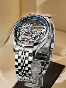 A new men's stainless steel large dial dual transparent hollow five pointed star design mechanical tourbillon fully automatic wristwatch Analog Watch