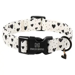 Maca Bates Valentine's Dog Collar, Adjustable White & Black Heart Collar with Plastic Buckle - Cotton Accessory for Small Medium Large Dogs