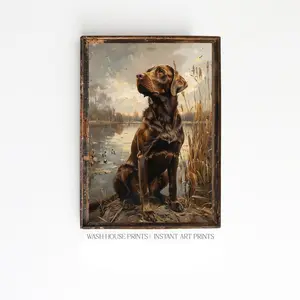 Chocolate Lab Print Wall Art Duck Hunting Cabin Lodge Labrador Retriever Decor Unframed, 5 size, 8x12 to 27x40 inch