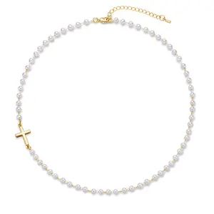 TEWIKY 14K Gold-Plated 3mm Pearl Side Cross Necklace for Easter Valentine's Day Gift Versatile & Stylish for Various Occasions