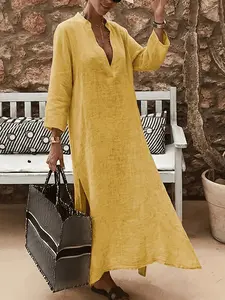 Women's Bohemian Style V-Neck Linen Long Dress, Loose Fit, Breathable Fabric, Casual Summer Vacation Wear, Comfortable and Stylish