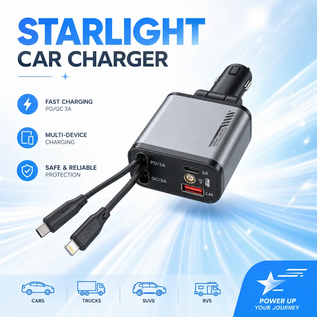 Universal Smart Car Charger,4 in 1 Retractable Fast Charging,120W Retractable Fast Charger with Type-C & Lightning Cables,Aromatherapy Diffuser with Starlight Projector Mood Lighting,Retractable Dual USB C Car Charger,Fun Car Accessories Gift for Men
