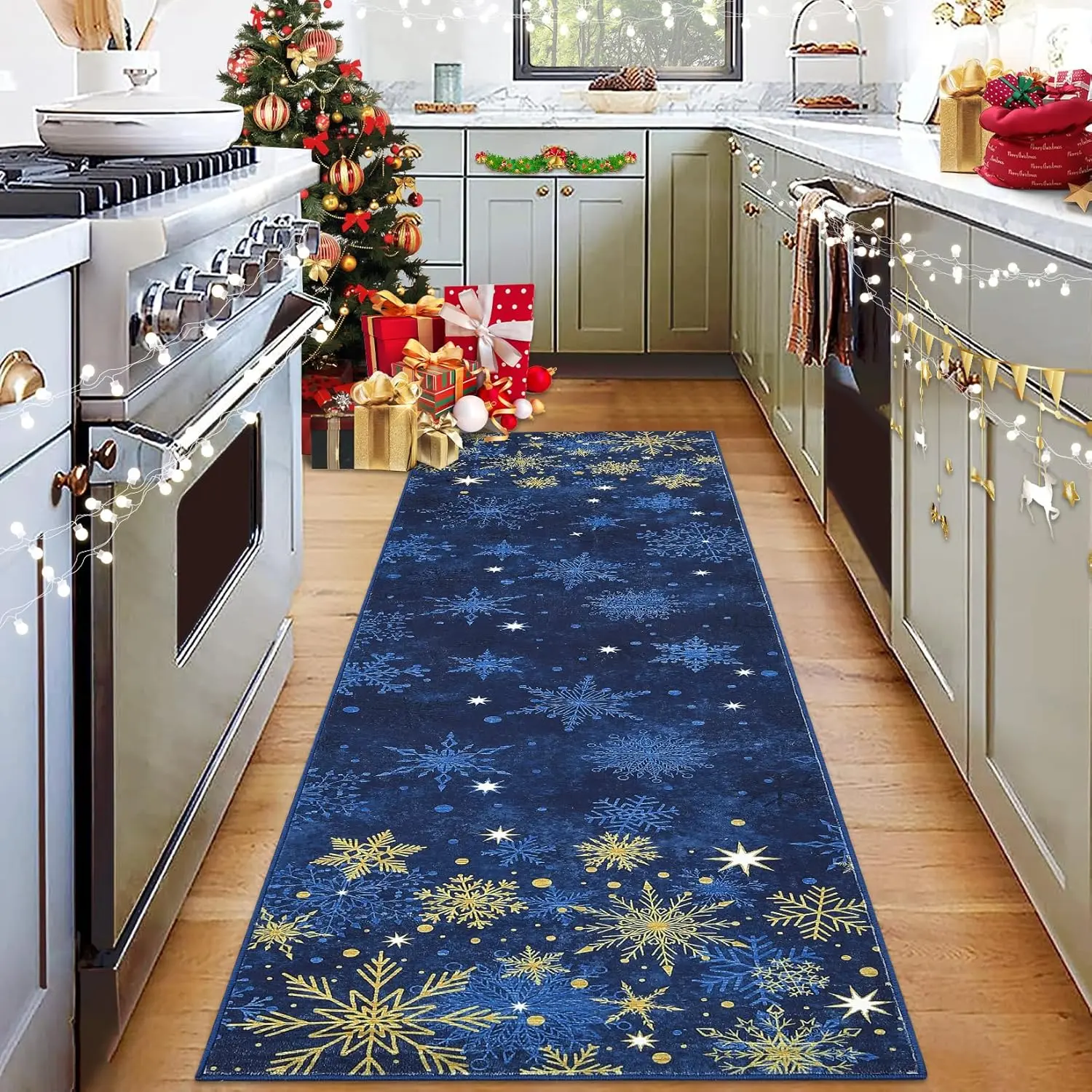 Christmas Decorative Runner Rug - Non-Slip, Stain-Resistant, Washable Indoor Carpet for Kitchen, Hallway, Living Room, Decorative Rugs