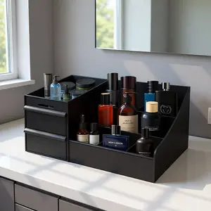 Men's High-End Perfume Storage Box - Black 7 Compartments & 2 Extra-Deep Drawers for Skincare & Grooming Essentials Ideal for Bathrooms & Offices Perfect Gift for Men