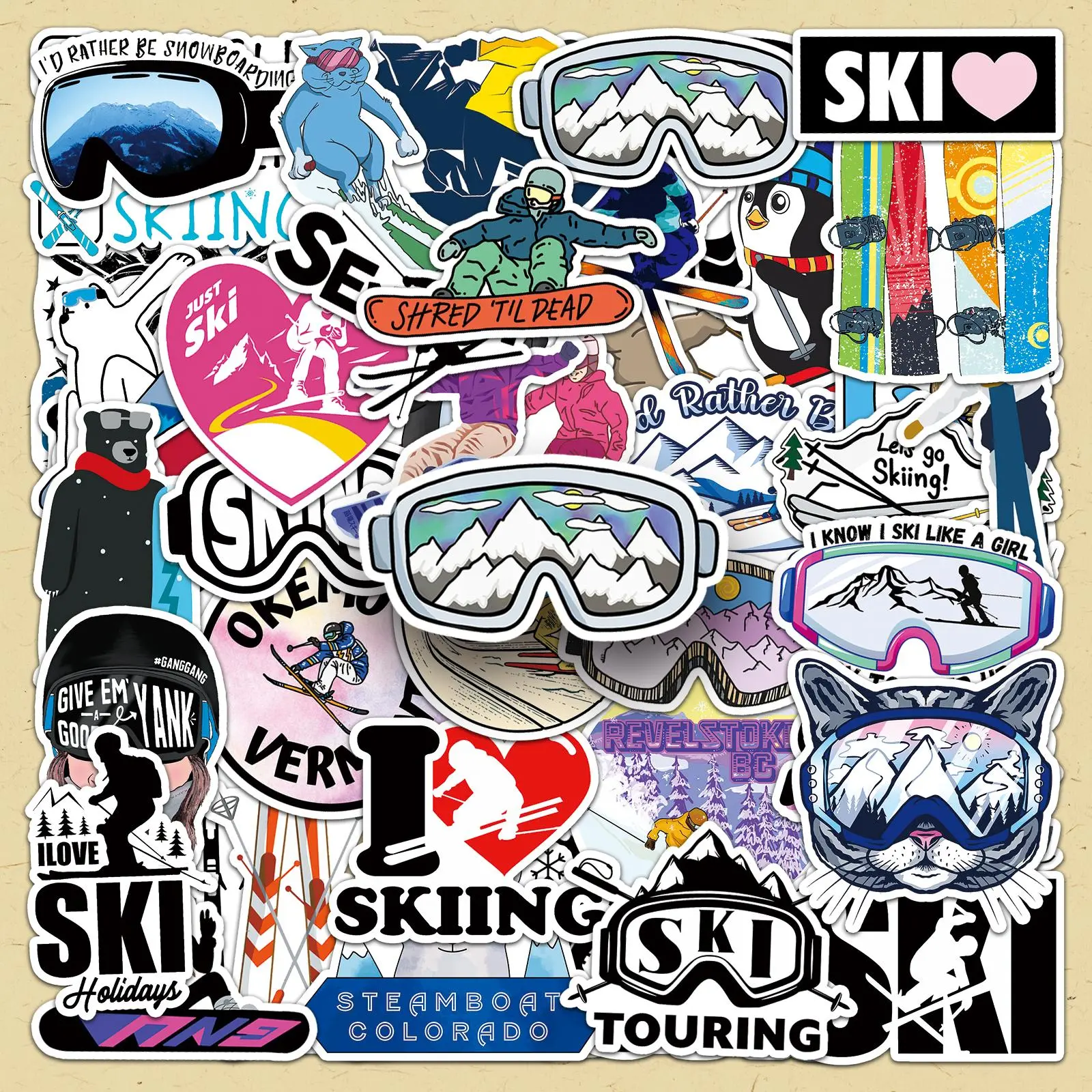 Skiing Themed Sticker, 50pcs/set Creative Sports Patern & Letter Self Adhesive Stickers, DIY Decorative Sticker for Scrapbooking, Journaling, Gift Wrapping Funny Stickers High Adhesive Stickers, Adhesive Decals