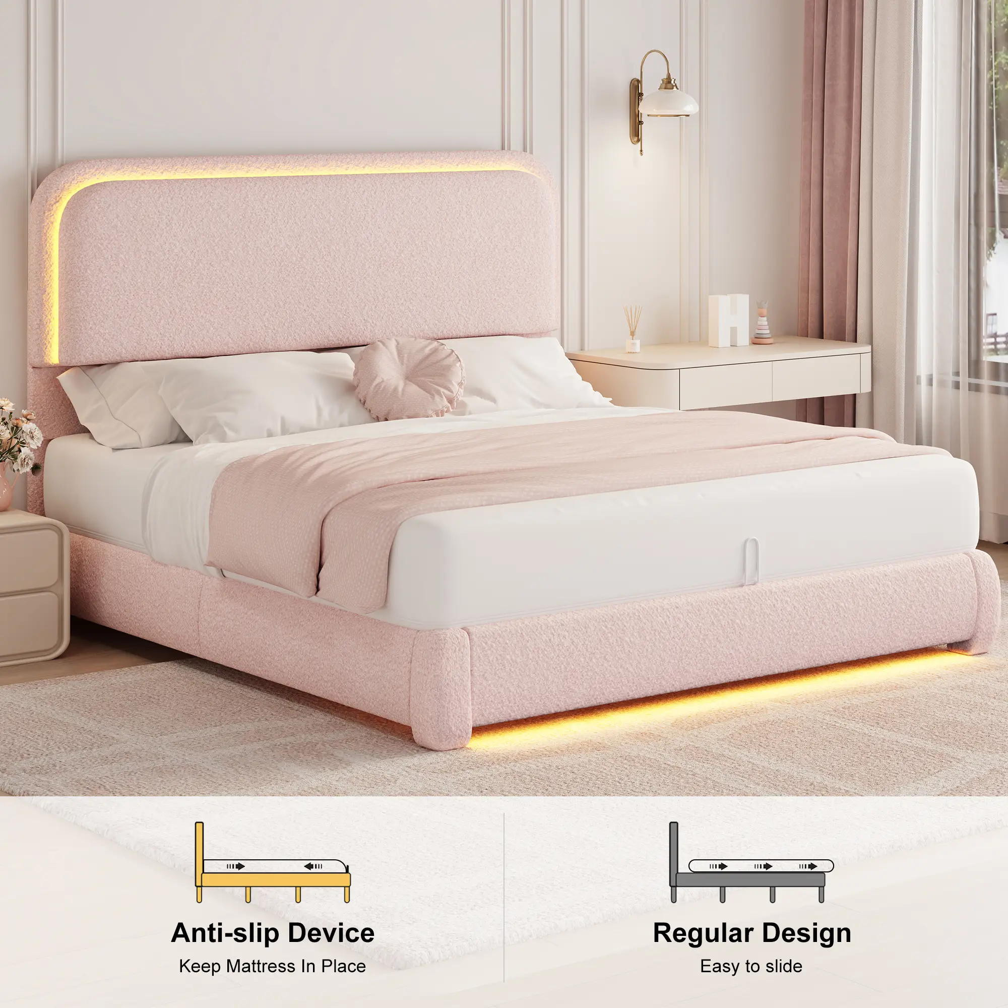 SIBEDS Queen Size Bed Frame with LED Lights, Princess Pink Teddy Fleece Rounded Corner Upholstered Platform Bedframe with Headboard, Modern Style, Sof