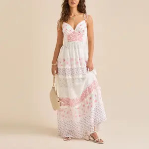 Women Y2k Boho Maxi Dress Floral Lace Sheer Tiered Flowy Cami Long Dress 2026 Summer Smocked Beach Sundress