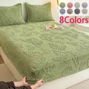 King Queen Size Bed Sheet Set, Butterfly Embroidery, Non-Slip Deep Pockets, Soft Velvet Fabric, Home Essential