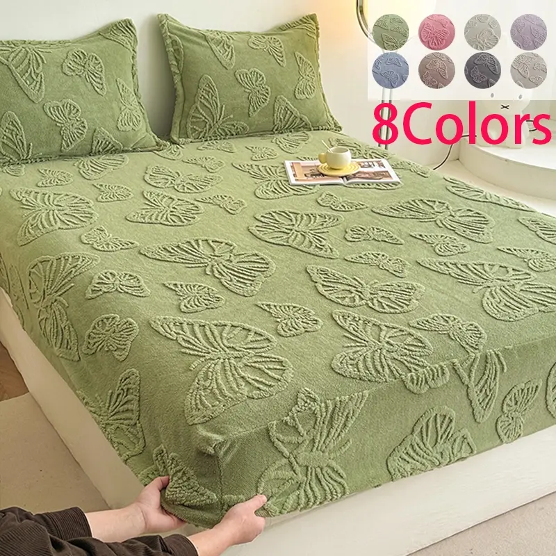 King Queen Size Bed Sheet Set, Butterfly Embroidery, Non-Slip Deep Pockets, Soft Velvet Fabric, Home Essential