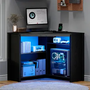FREDEES Corner Desk with Charging Station & LED Light, Triangle Corner Desk with CPU Stand & Storage Shelves, Gaming Computer Desk for Home Office