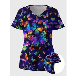 Plus Size Butterfly Print Stretchy V-neck Top with Dual Pockets, Comfortable Short Sleeve Uniform for Women's Health Care Clothing - Fabric Workwear