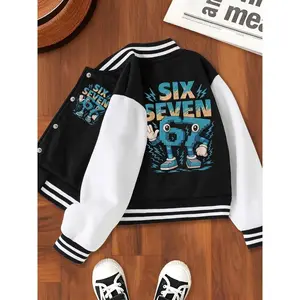 Boys' Fun Six Seven Robot Print Baseball Jacket, Letter Jacket, Striped Trim Jacket, Spring & Fall Casual School Uniform, Comfortable Sports Outerwear, Trendy Youth Clothing