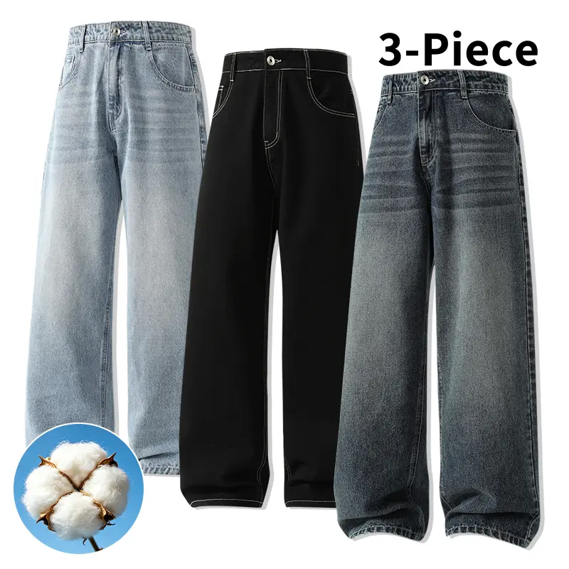 Men's 3-Piece Vintage Washed High-Waist Wide-Leg Jeans - Soft Cotton-Polyester Blend, 90s Oversized, 2000s, Baggy Retro Style Chic Preppy Denim Pants - Casual Streetwear for Daily Outfits, Travel, 2000S Men's Jeans, 90S Oversized Men's Jeans