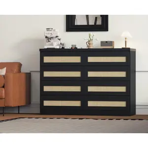 Garvee 47 Inch 8-Drawer Wood and Rattan Chest Dresser with Fabric Bins, Wide Storage Chest and TV Stand, Ideal for Bedroom, Living Room, and Entryway Organization