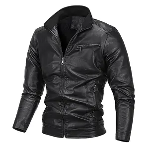 Men's Black PU Leather Jacket with Fleece Lining - Slim Fit (Stand Collar & Zipper Closure)