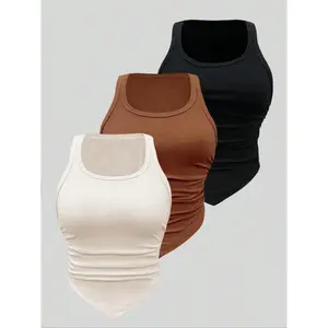 Women's Ruched Asymmetrical Hem Crop Tank Top Casual Scoop Neck Sleeveless Top Summer Tank Tops for Women Ladies Clothes for Daily Wear Womenswear Basic Minimalist Style Tanktop Gamis in Beige Brown & Black