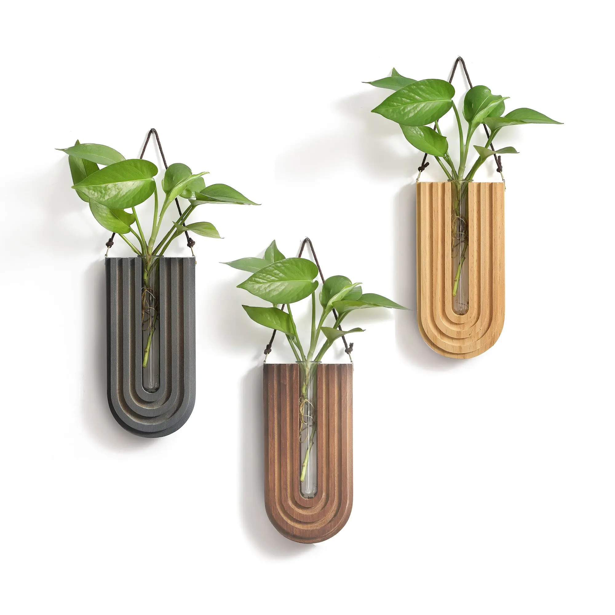 Wood Wall Planter Indoor, Propagation Station, Wooden Hanging Vase for Dried Flowers, Plant Holder, Boho Wall Décor for Living Room Rainbow U Shape (Set of 3)