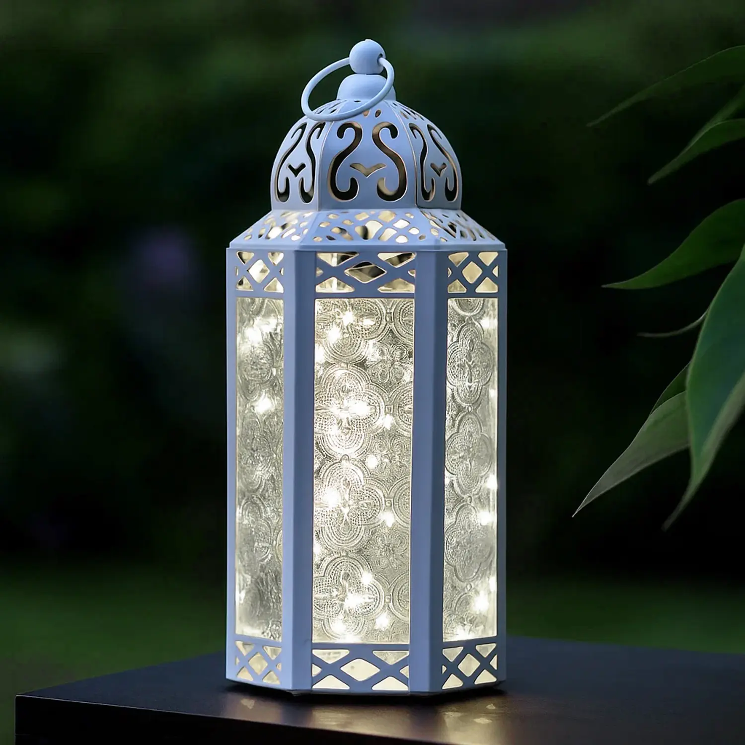 White LED Fairy Lights Candle Lantern - Decorative Moroccan Holder Lamp for Table or Hanging, Ramadan Decorations, Outdoor Patio or Porch, Weddings, Medium, 10.5” Tall