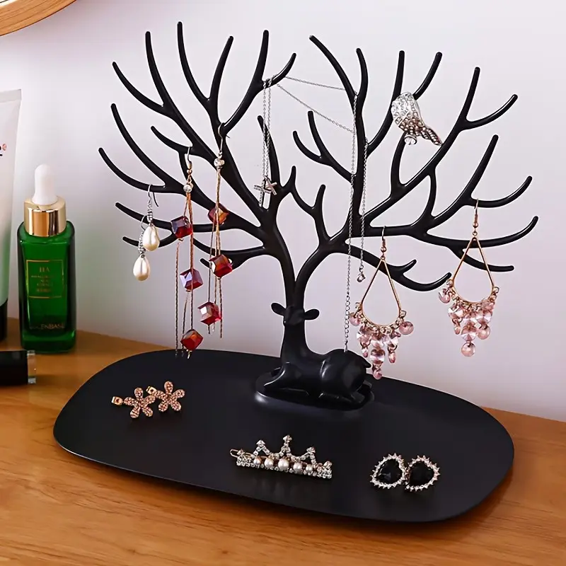 Tree Shape Decorative Deer Jewelry Organizer Stand with Tray - Jewelry Display for Necklace, Earring, Ring, Bracelet | Vanity, Dressing Table Home Organizer, Ideal Gift for Home Organization