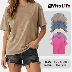 Yito Life Women’s Casual Streetwear Wash Heavy Cotton Tee, Relaxed Fit Short Sleeve Crewneck Top for Everyday Wear Basic Fashion Womenswear