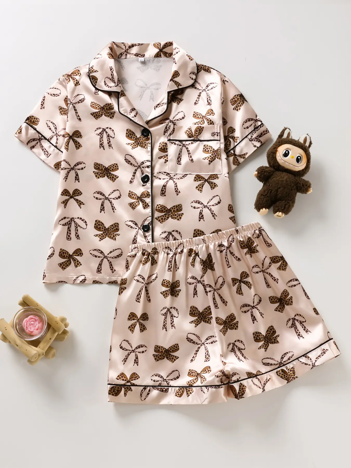 Girls' Sleepwear Set Vintage Leopard Print Bow Design Ribbon Pajamas Short Sleeve Top Elastic Shorts Satin Fabric Soft Comfortable Home Wear All Season Use Summer Pjs