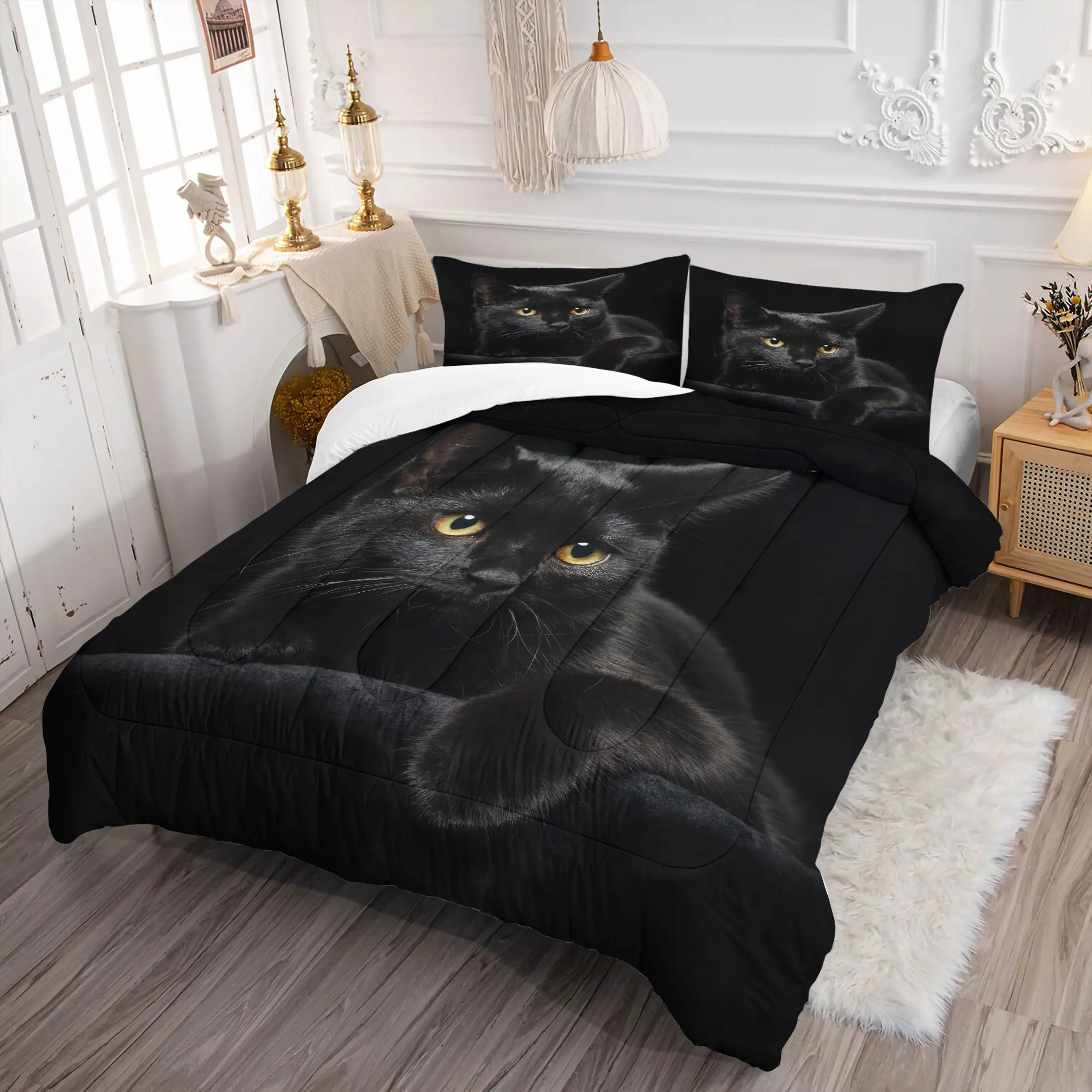 2/3Pcs Black Cat Print Comforter Set, Soft Microfiber Bedding Set with Pillowcases, Realistic Animal Pattern Quilt for Children & Teenagers Cat Lovers Bedroom Decor, All Season Warm & Cozy Comforter Set, Without Pillow Insert
