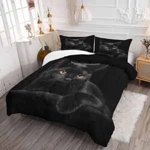 2/3Pcs Black Cat Print Comforter Set, Soft Microfiber Bedding Set with Pillowcases, Realistic Animal Pattern Quilt for Children & Teenagers Cat Lovers Bedroom Decor, All Season Warm & Cozy Comforter Set, Without Pillow Insert