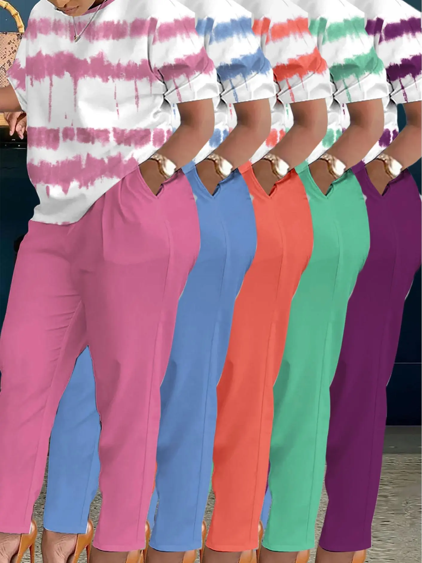 Women's 2-Piece Clothing Set, Striped Print Pockets Trousers, Versatile for Lounging at Home and Going Out Suits Womenswear