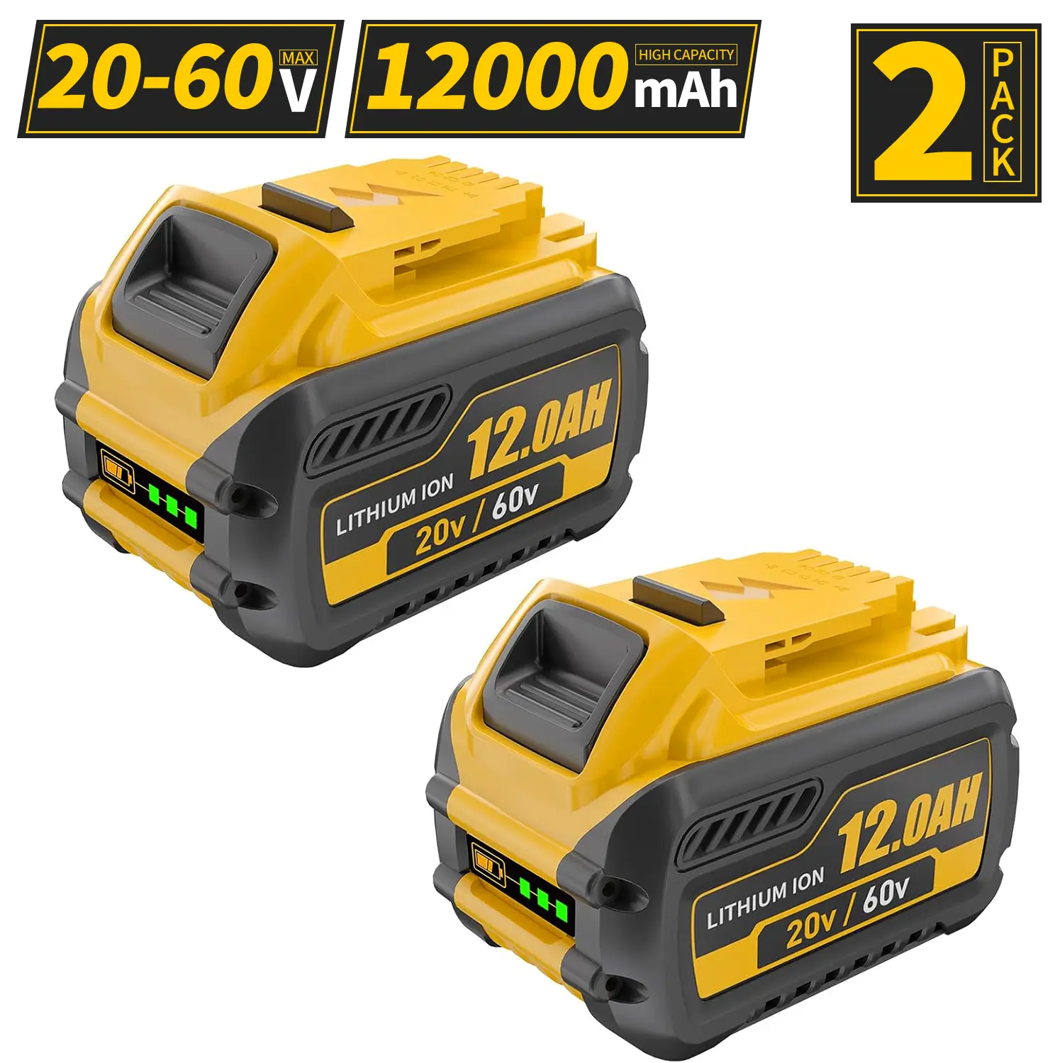 2 Packs 12000mAh DCB612 Battery Replacement for Dewalt Flexvolt 20V/60V Max Lithium Ion Batteries  DCB609   DCB606  DCB207    (Yellow) Heavy Duty