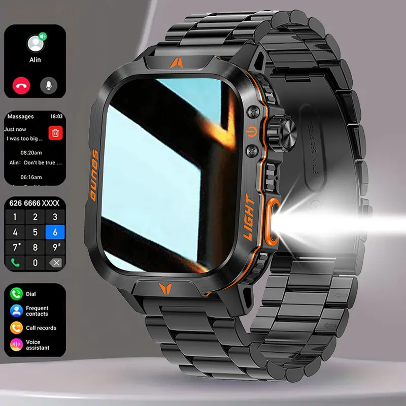 New durable smart outdoor sports fitness watch men's smart watch 2.01 inch can talk wearable lP68 waterproof led flashlight 100+ sports modes running outdoor climbing riding can connect iPhone and Android mobile phone men's gift Charging Screen