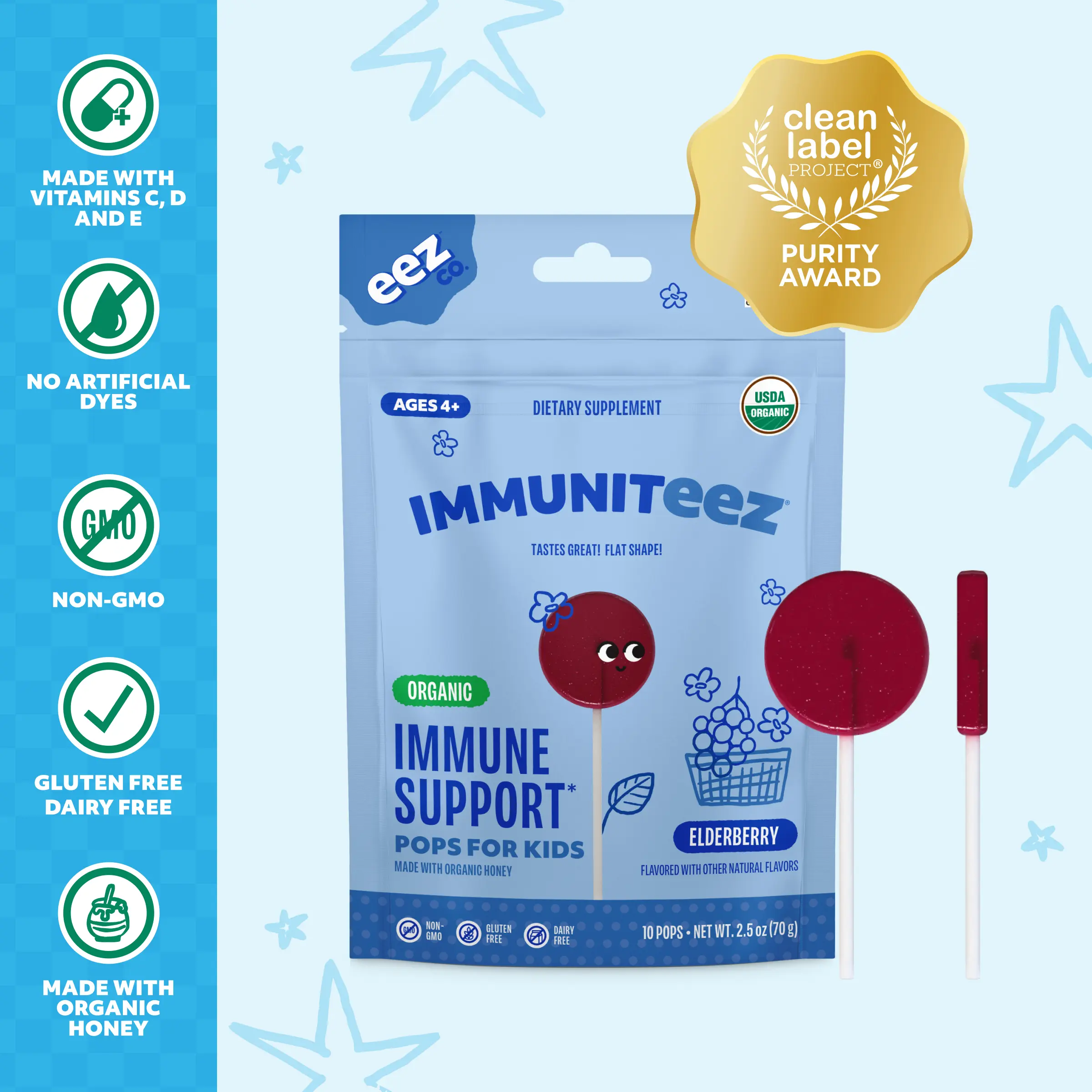 Immuniteez Organic Immune Support Flat Lollipops - Elderberry, Organic Honey, Vitamin, Dietary Clean Label Vitamins Supplements, 10 Count
