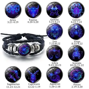 Unisex Glow-in-the-Dark Zodiac Sign Bracelet - 12 Constellation Adjustable Braided Leather Wristband, Astrology Charm Fashion Accessory for Daily Wear
