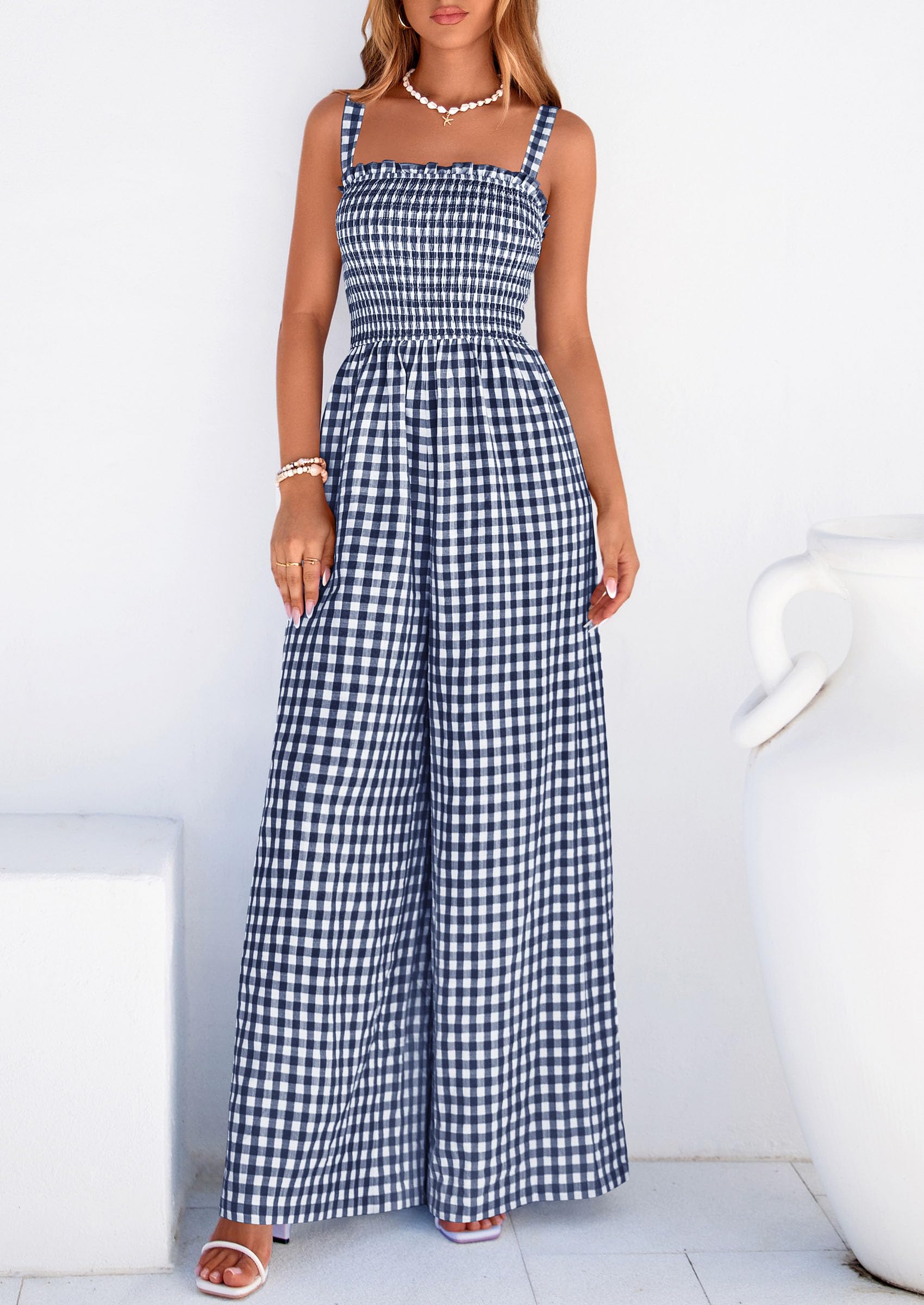PrettyGarden Plaid One Piece Jumpsuits for Women Casual Summer Cruise Outfits Spring Fashion Smocked Wide Leg Gingham Rompers#Summervibes