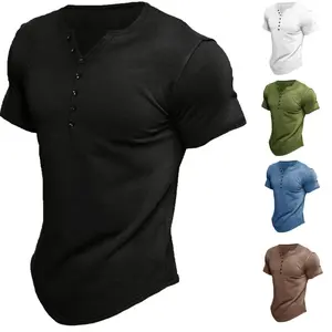 Summer Men's Henley Shirt Short Sleeve Solid Color Button T-Shirt Top
