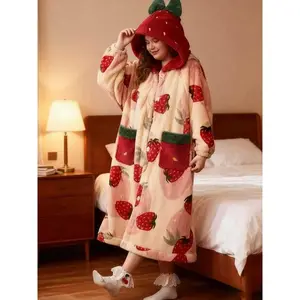 New Strawberry Plus Size Women's Sleeprobe Bathrobe, Autumn Winter Coral Fleece Warm Loose One-Piece Soft Stretchy Homewear, Christmas Gift for Girlfriend