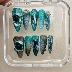 Handmade 3D Koi Fish Press On Nails, Long Teal Emerald Green Custom Gel Faux Acrylic False Nails, Hand Painted Aquatic Ocean Theme Reusable Glue On Art Manicure Kit, Salon Quality Full Cover Stiletto Almond Fake Nails