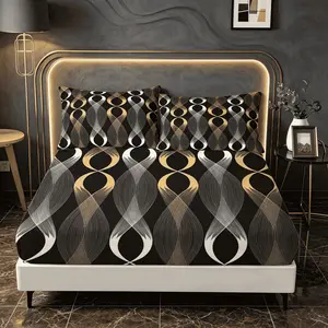 3Pcs Black‑Gold‑Silver Wave Line Fitted Sheet Set, Luxury Modern Minimalist‑Style Digital Printed Bedding, No Insert, Perfect for Bedroom, Dorm & Modern‑Style Enthusiasts, Ideal Home Decor Gift