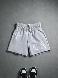 Men’s suede shorts with letter embroidery and patchwork design, drawstring waist, regular fit, casual pocket design—summer fashion men’s bottoms for everyday wear; men’s shorts.