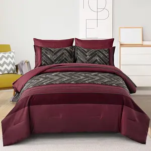 Burgundy Comforter Set  Size 7 count Red and Black Stripe Bed in a Bag Geometric Comforter and Sheet Set, Soft Microfiber Complete Bedding Sets for All Seasons