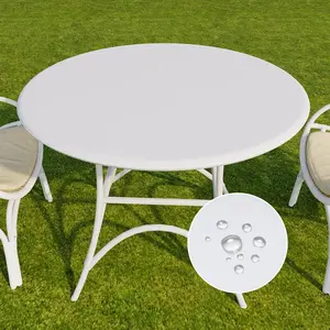 Romanstile round Vinyl Tablecloth, 100% Waterproof Elastic Fitted Table Covers for 36"- 44" Tables, Wipeable Flannel Backed Plastic Table Cloths for Picnic, Camping, Outdoor - White